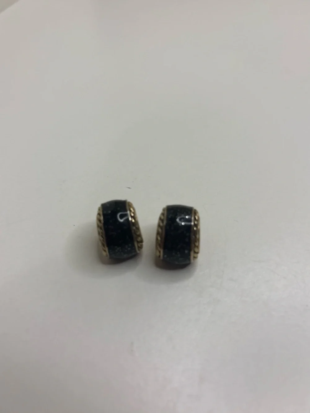 Vintage Gold Tone Rope Twist J Hoop Earrings Black Galaxy Enamel Sparkle Hoops